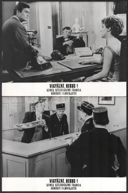 cca 1966 ,,Vigyázat, hekus!' című francia film jelenetei és szereplői, 11 db vintage produkciós filmfotó, ezüst zselatinos fotópapíron, a használatból eredő (esetleges) kisebb hibákkal, 18x24 cm