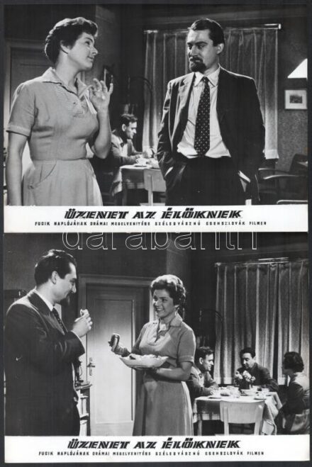 cca 1960 ,,Üzenet az élőknek' című csehszlovák film jelenetei és szereplői, 7 db vintage produkciós filmfotó, ezüst zselatinos fotópapíron, a használatból eredő (esetleges) kisebb hibákkal, 18x24 cm