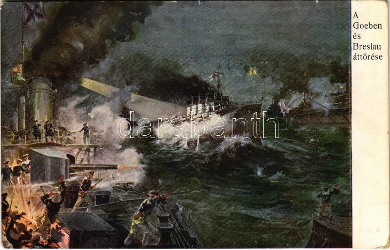 1915 A Goeben és Breslau áttörése / Durchbruch der deutschen Kreuzer 'Goeben' und 'Breslau' / WWI Imperial German Navy (Kaiserliche Marine) art postcard, mariners. B.K.W.I. 259-14. (EK)