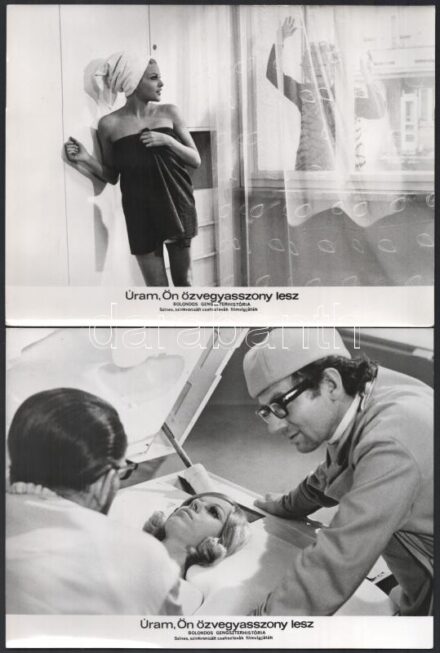 cca 1970 ,,Uram, ön özvegyasszony lesz' című csehszlovák film jelenetei és szereplői, 10 db vintage produkciós filmfotó, ezüst zselatinos fotópapíron, a használatból eredő (esetleges) kisebb hibákkal, 18x24 cm