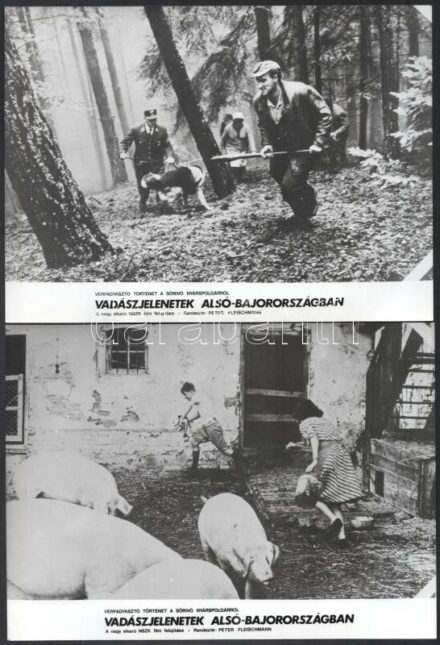 cca 1969 ,,Vadászjelenetek Alsó-Bajorországban' című NSZK film jelenetei és szereplői, 13 db vintage produkciós filmfotó, ezüst zselatinos fotópapíron, a használatból eredő (esetleges) kisebb hibákkal, 18x24 cm