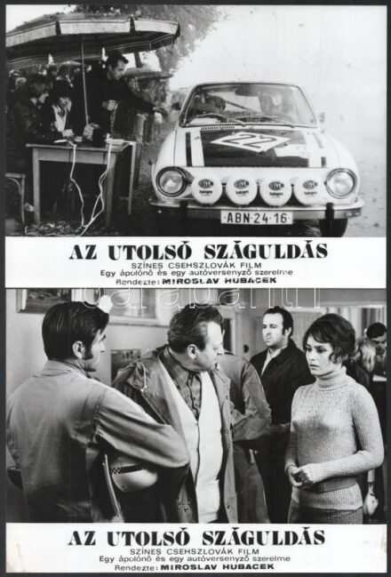 cca 1986 előtti, ,,Az utolsó száguldás' című csehszlovák film jelenetei és szereplői, 13 db vintage produkciós filmfotó, ezüst zselatinos fotópapíron, a használatból eredő (esetleges) kisebb hibákkal, 18x24 cm