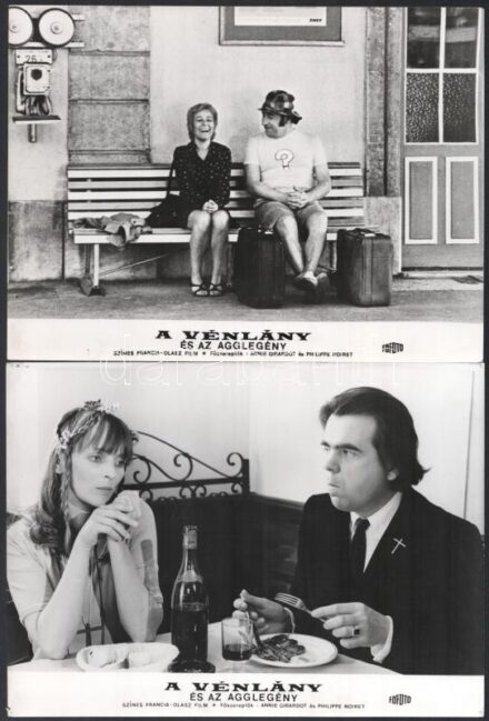 cca 1971 ,,A vénlány és az agglegény' című francia - olasz film jelenetei és szereplői (köztük Annie Girardot, Philippe Noiret), 13 db vintage produkciós filmfotó, ezüst zselatinos fotópapíron, a használatból eredő (esetleges)