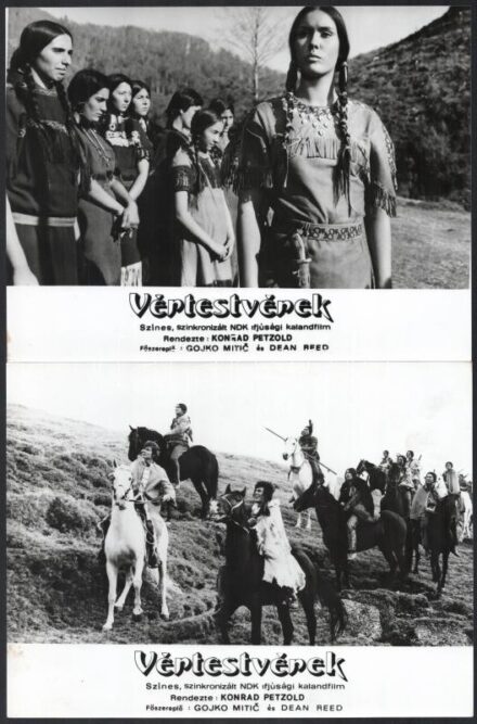 cca 1975 ,,Vértestvérek' című NDK westernfilm jelenetei és szereplői (köztük Gojko Mitic, Dean Reed), 9 db vintage produkciós filmfotó, ezüst zselatinos fotópapíron, a használatból eredő (esetleges) kisebb hibákkal, 18x24 cm