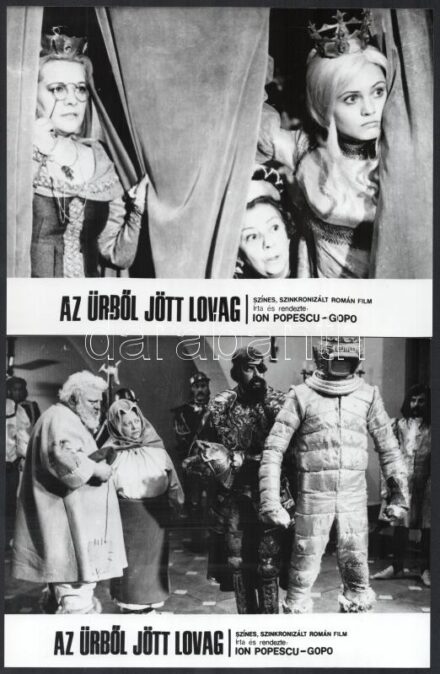cca 1976 ,,Az űrből jött lovag' című román film jelenetei és szereplői, 9 db vintage produkciós filmfotó, ezüst zselatinos fotópapíron, a használatból eredő (esetleges) kisebb hibákkal, 18x24 cm