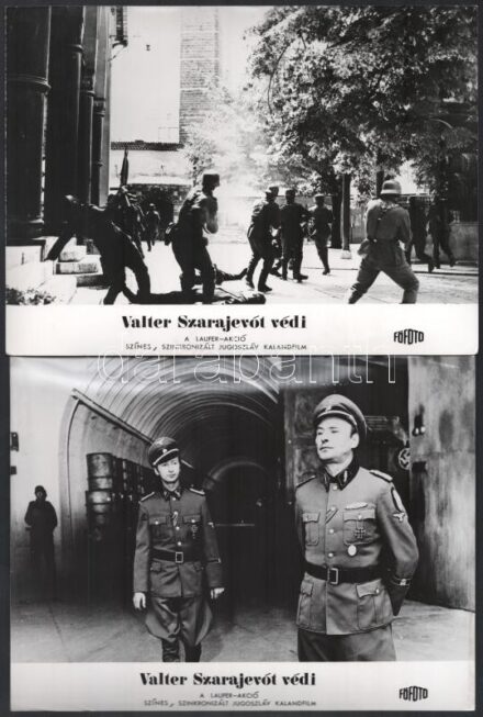 cca 1972 ,,Valter Szarajevót védi' című jugoszláv kalandfilm jelenetei és szereplői, 7 db vintage produkciós filmfotó, ezüst zselatinos fotópapíron, a használatból eredő (esetleges) kisebb hibákkal, 18x24 cm