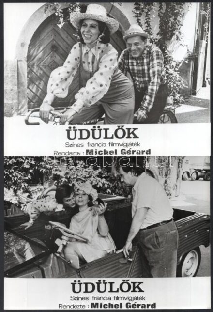 cca 1974 ,,Üdülők' című francia filmvígjáték jelenetei és szereplői, 13 db vintage produkciós filmfotó, ezüst zselatinos fotópapíron, a használatból eredő (esetleges) kisebb hibákkal, 18x24 cm