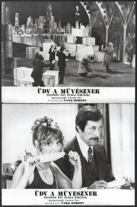 cca 1985 előtti ,,Üdv a művésznek - rohanás egy ócska Simcával' című francia filmvígjáték jelenetei és szereplői, 13 db vintage produkciós filmfotó, ezüst zselatinos fotópapíron, a használatból eredő (esetleges) kisebb