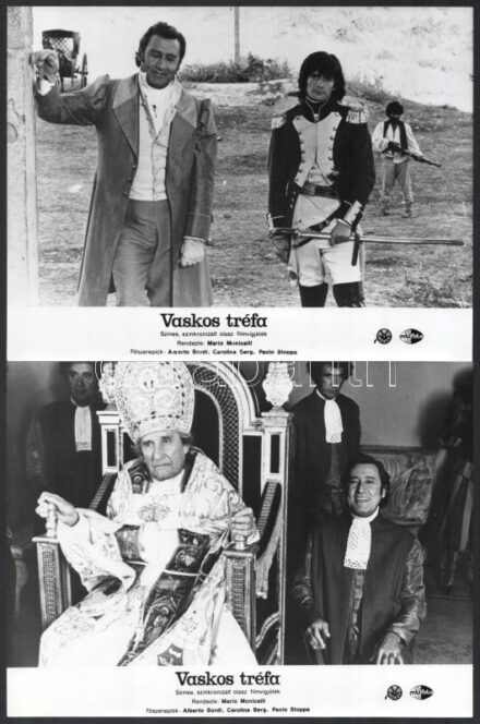 cca 1981 ,,Vaskos tréfa' című olasz film jelenetei és szereplői, 7 db vintage produkciós filmfotó, ezüst zselatinos fotópapíron, a használatból eredő (esetleges) kisebb hibákkal, 18x24 cm
