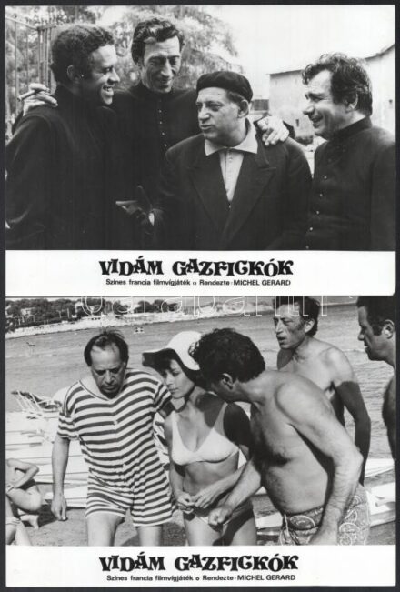 cca 1972 ,,Vidám gazfickók' francia film jelenetei és szereplői, 13 db vintage produkciós filmfotó, ezüst zselatinos fotópapíron, a használatból eredő (esetleges) kisebb hibákkal, 18x24 cm