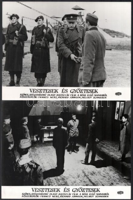cca 1969 ,,Vesztesek és győztesek című olasz - jugoszláv film jelenetei és szereplői, 11 db vintage produkciós filmfotó, ezüst zselatinos fotópapíron, a használatból eredő (esetleges) kisebb hibákkal, 18x24 cm