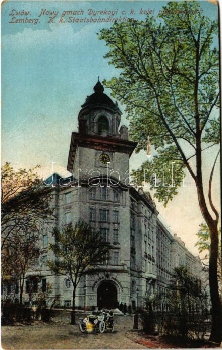 1916 Lviv, Lwów, Lemberg; Nowy gmach Dyrekoyi c.k. kolei panstwowych / K.k. Staatsbahndirektion / State Railway Directorate, automobile