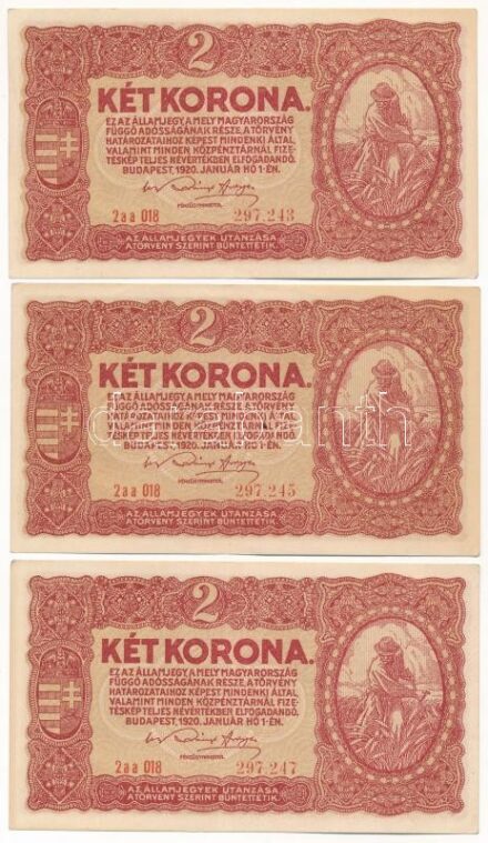 1920. 2K (3x) '2aa 018 297.243, 2aa 018 297.245, 2aa 018 297.247' egyugrásos sorszámkövetők T:III szép papír Adamo K7