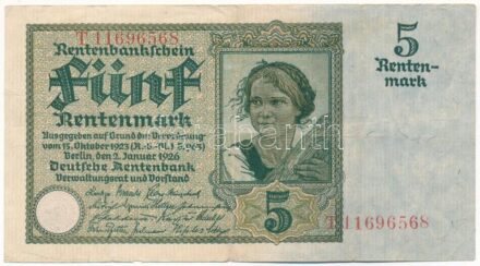 Németország / Weimari Köztársaság 1926. 5M 'T 11696568' T:III ly., kis beszakadások Germany / Weimar Republic 1926. 5 Rentenmark 'T 11696568' C:F hole, small tears Krause 169