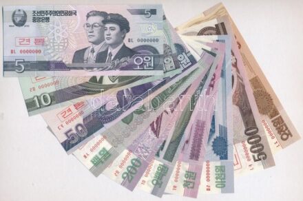 Észak-Korea 2002-2008. 5W-5000W (10xklf) MINTA felülnyomással és '0000000'-ás sorszámmal T:I North Korea 2002-2008. 5 Won - 5000 Won (10xdiff) with SPECIMEN overprint and '0000000' serial C:UNC