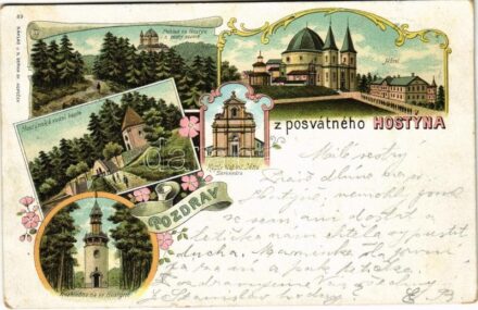 1899 (Vorläufer) Hostyn, Svaty Hostyn; Kaple blahost. Jána Sarkandra, Hostynská vodni kaple, Rohledna na sv. Hostyne, Hotel / pilgrimage church, chapel, lookout tower, hotel. Art Nouveau, floral, litho (EK)