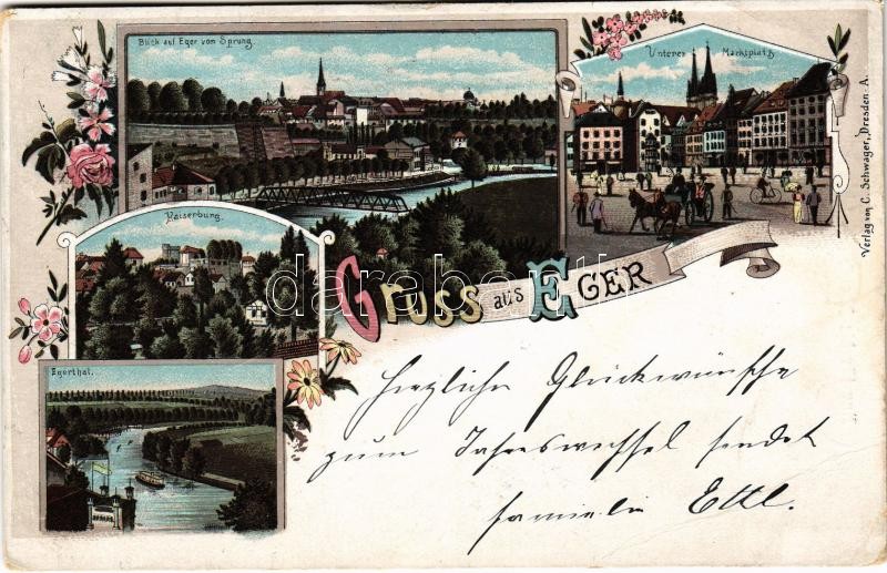 1897 (Vorläufer!) Cheb, Eger; Blick auf Eger vom Sprung, Kaiserburg, Egerthal, Unterer Marktplatz / general view, bridge, castle, valley, market square. Verlag v. C. Schwager Art Nouveau, floral, litho (EB)