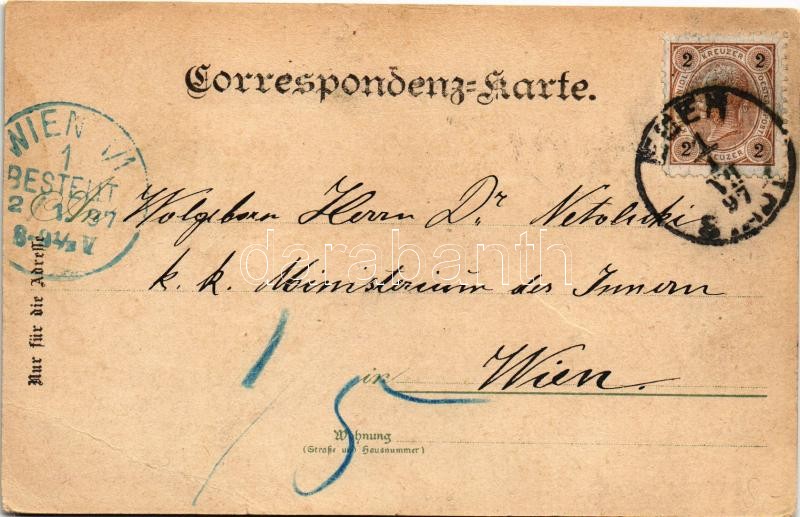 1897 (Vorläufer!) Cheb, Eger; Blick auf Eger vom Sprung, Kaiserburg, Egerthal, Unterer Marktplatz / general view, bridge, castle, valley, market square. Verlag v. C. Schwager Art Nouveau, floral, litho (EB) - Image 2