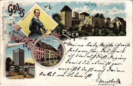 1898 (Vorläufer) Cheb, Eger; Alte Burg, Wallenstein, Schwarzer Thurm, Wallenstein's Todenhaus / old castle, tower, Albrecht von Wallenstein. Druck v. Regel & Krug. Art Nouveau, floral, litho (Rb)