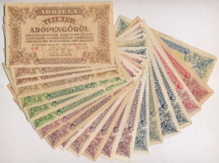 1946. 10.000AP (4x) + 50.000AP (4x) + 100.000AP (8x) + 500.000AP (4x) + 1.000.000AP (3x) közte fordított címer + 10.000.000AP (1x), közte sorszámozott és sorszám nélküli verziók T:III,III-