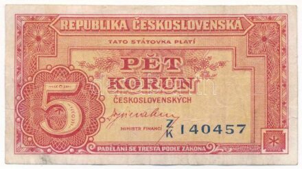 Csehszlovákia 1945. 5K három darab perforált lyukkal 'ZK140457' T:III Czechoslovakia 1945. 5 Korun with three perforated hole 'ZK140457' C:F Krause P#59