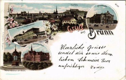 1899 (Vorläufer) Brno, Brünn; Spielberg, Stadttheater, Nord- und Staatsbahnhof, Deutsches Haus, Wetterhäuschen am Glacis / castle, theatre, railway station, tram, German House. C. Schwager Art Nouveau, floral, litho (EK)