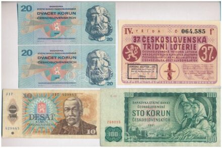 Csehszlovákia 1961. 100K + 1970 20K (2x) + 1986. 10K + 1937. '37. Csehszlovák Osztálysorsjáték' 1/8 sorsjegye öt nyelven (3. osztály) T:I--III- Czechoslovakia 1961. 100 Korun + 1970. 20 Korun (2x) + 1986. 10 Korun + 1937. '37th Czechoslovak