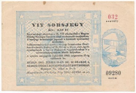 Budapest 1965. 'VIT (Világifjúsági Találkozó)' sorsjegy '032 osztály, 09280' T:III fo., ly.