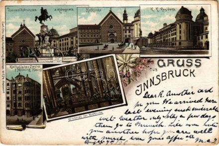Innsbruck (Tirol), Leopoldsbrunnen a. Rennplatz, Hofkirche, K.K. Residenz, Katholisches Casino (Höbling Haus), Inneres der Hofkirche / monument, fountain, church, castle, casino, church interior. Carl Otto Hayd Kunstverlag Art Nouveau, floral,