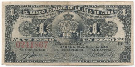 Kuba / Spanyol adminisztráció 1896. 1P 'G 0241867' T:III folt Cuba / Spanish administration 1896. 1 Peso 'G 0241867' C:F spot Krause P#47