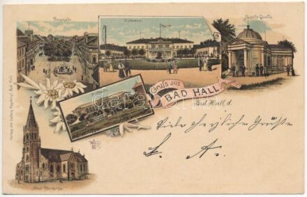 1898 (Vorläufer) Bad Hall, Promenade, Curhaus, Tassilo Quelle, Neue Pfarrkirche, Trinkhalle / promenade, spa, spring source, church, drinking hall. Verlag v. Ludwig Haydvogl Art Nouveau, floral, litho (r)