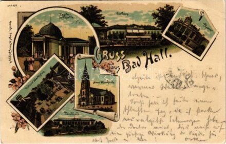 1901 Bad Hall, Theater, Curhaus, Tasilo-Quelle, Neue Pfarrkirche, Unterer Marktplatz, Trinkhalle / theatre, spa, spring source, church, market square, drinking hall. Druck v. Regel & Krug Art Nouveau, floral, litho (EK)