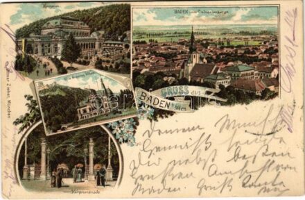 1898 (Vorläufer) Baden bei Wien, Kursalon, Baden vom Calvarienberge, Villa Erzherzog Wilhelm, Kurpromenade / spa, view from calvary hill, villa, promenade. Ottmar Zieher Art Nouveau, floral, litho (EK)