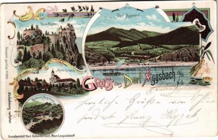 1899 (Vorläufer) Aggsbach, Ruine Aggstein, Dorf Aggsbach, Maria Langegg, Karthause Aggbach / castle ruins, village, pilgrimage church. Kunstanstalt Karl Schwidernoch Art Nouveau, floral, litho (EK)