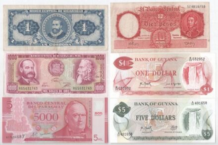 6db klf Közép és Dél-Amerikai bankjegy tétel, közte Argentína, Guyana, Nicaragua, Paraguay, Peru T:I-III közte kis folt, tűzőgép lyukak 6pcs of diff Central and South American banknote lot, in it Argentina, Guyana, Nicaragua, Paraguay,
