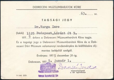 1975 Debreceni Múzeumbarátok Köre tagsági igazolvány