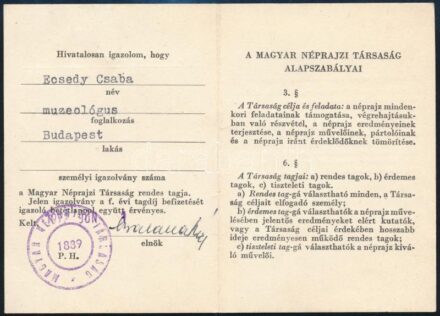 1972 Néprajzi Társaság tagsági igazolvány