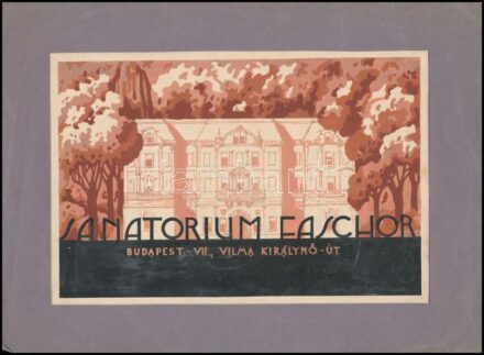 Sanatorium Faschor, Budapest VII., Vilma Királynő út (Városligeti fasor). Art deco plakát- vagy reklámterv, 1925-35 körül. Tempera, ceruza, papír, papírra kasírozva. Jelzés nélkül. Kissé foltos. 15x22 cm