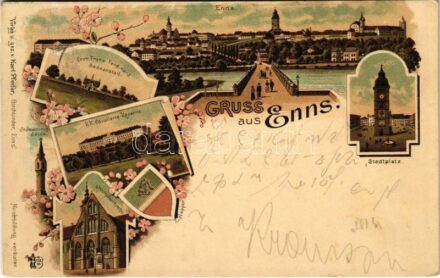 1897 (Vorläufer!) Enns, Erzh. Franz Ferdinand Badeanstalt, Stadtplatz, K.K. Cavallerie-Kaserne, St. Severinus-Säulse, Stadtpfarrkirche, Wappen / spa, square, K.u.K. cavalry barracks, church, coat of arms. Verlag Karl Pfeifer. O.Z.M. Art Nouveau,