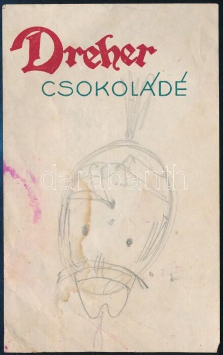 Dreher csokoládé reklámpapír, rajta ceruzás gyerekrajzzal (?). Foltos. 12x7,5 cm