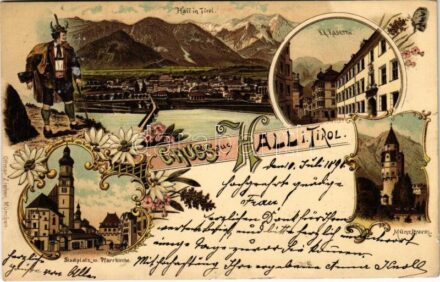 1898 (Vorläufer) Hall in Tirol, K.K. Kaserne, Stadtplatz m. Pfarrkirche, Münzlturm / general view, K.u.K. military barracks, square, church, tower. Ottmar Zieher Art Nouveau, floral, litho (EK)
