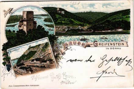 1897 (Vorläufer!) Sankt Andrä-Wördern, Gruss aus Greifenstein. Ruine Greifenstein, Bahnhof / castle ruins, railway station. Karl Schwidernoch Art Nouveau, floral, litho (EK)