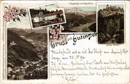1896 (Vorläufer!!) Gutenstein, Maria Hilf, Klosterthal mit Schneeberg, Lange Brücke / church, valley, bridge. Regel & Krug Art Nouveau, floral, litho (EK)