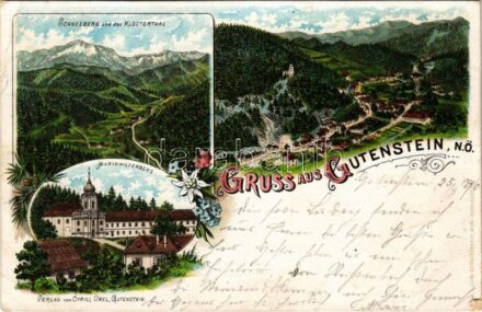 1896 (Vorläufer!!) Gutenstein, Mariahilferberg, Schneeberg und das Klosterthal. Karl Schwidernoch Art Nouveau, floral, litho (EB)