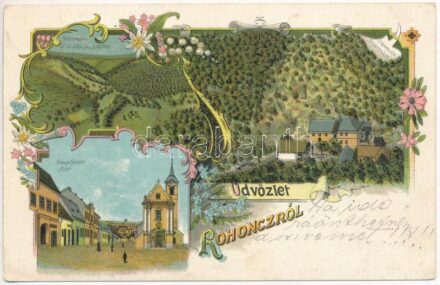 1905 Rohonc, Rechnitz; Fűrészmalom, Út az Ilka pusztához, Fő tér, templom / Sägemühle, Nussgraben, Hauptplatz, Kirche / sawmill, main square, church. Art Nouveau, floral, litho