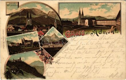 1902 Admont (Steiermark), Stift Admont von Jennen, Wallfahrt Frauenberg, Schloss Röthelstein m. d. hohen Pyrkas, Schloss Kaiserau m. d. Kaibling / castles, pilgrimage church. Ottmar Zieher Art Nouveau, floral, litho (EK)