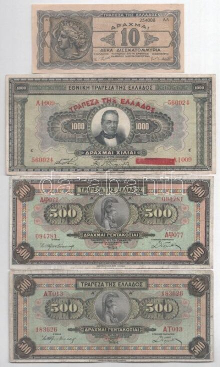 4db görög bankjegy tétel, közte 1926. 1000D + 1932. 500D (2x) + 1944. 10.000.000.000D T:III kis szakadás, folt 4pcs of greek banknote lot, in it 1926. 1000 Drachmai + 1932. 500 Drachmai (2x) + 1944. 10.000.000.000 Drachmai C:F small tears,