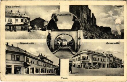 Huszt, Chust, Khust; Fő utca, vár, Tisztviselőtelep, Központi szálloda, étterem és kávéház, Schwartz üzlete, automobil, drogéria, Korona szálloda. Mandlovits Hermann kiadása / main street, castle, hotel, restaurant, café, shops,