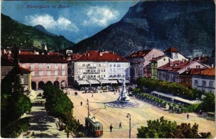 1911 Bolzano, Bozen (Südtirol); Walterplatz, Hotel de l'Europe, Cafe Restaurant / square, hotel, café and restaurant, tram (fl)