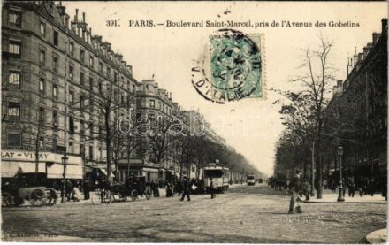 1904 Paris, Boulevard Saint-Marcel, pris de l'Avenue des Gobelins / street view, tram, shops (EK)